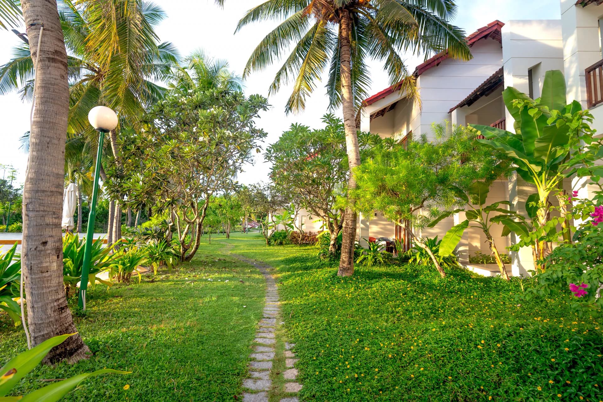 Stone stepping-stone path winding through a lush tropical resort garden at golden hour