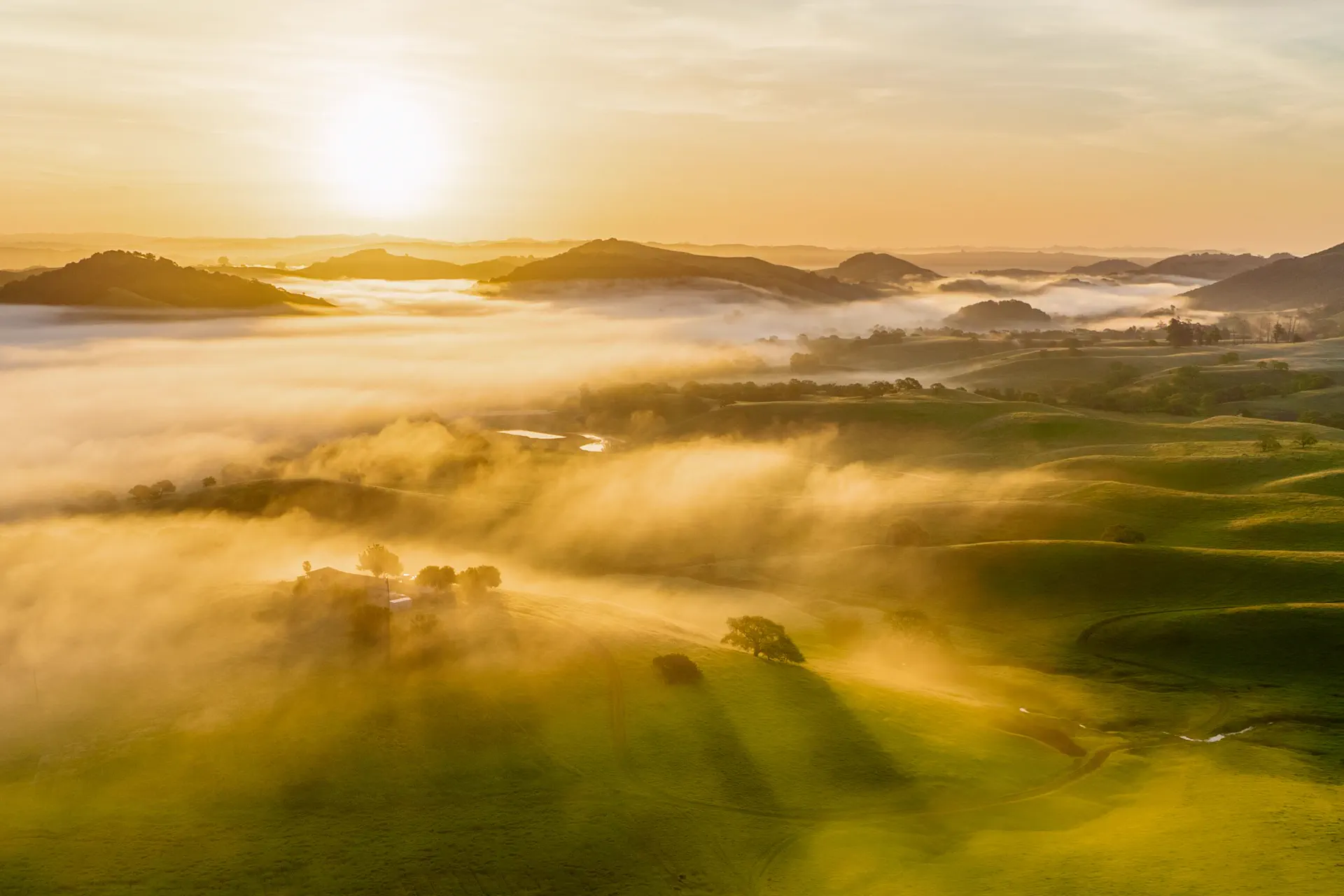 Golden sunrise mist drifting over rolling green farmland and low hills