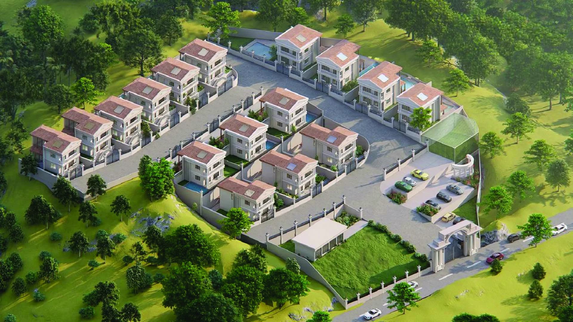 Architectural render of Green Woods — a gated cluster of eighteen Bali-style villas with private pools amid lush greenery