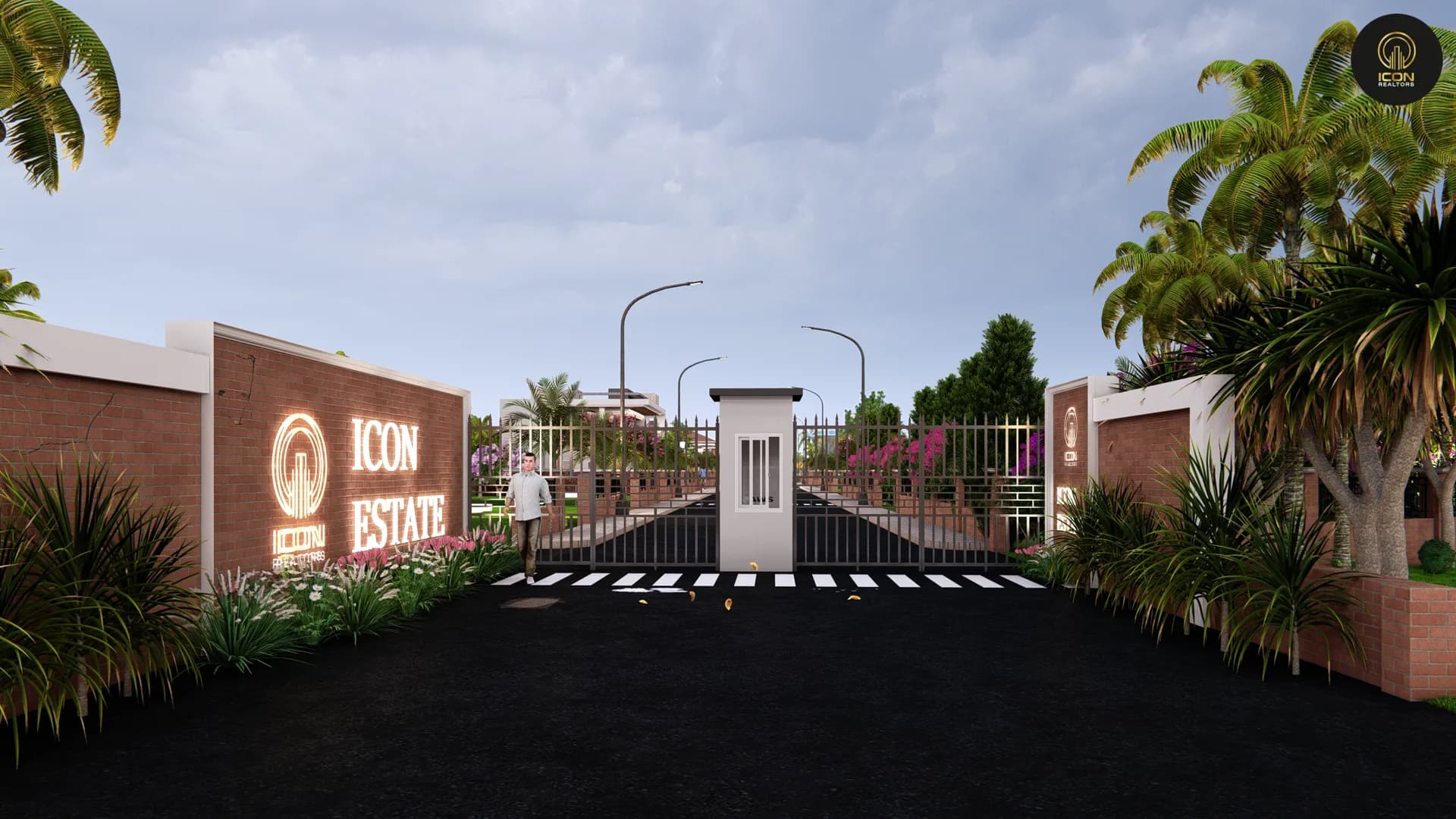 Render of the Icon Estate entrance gate and boundary wall, seen from the approach road
