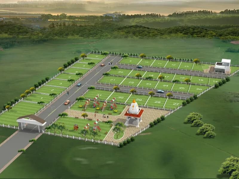 Aerial render of Santoshi Village Phase 2: numbered plots around internal roads, with a children's play area, garden and shrine beside the entrance gate